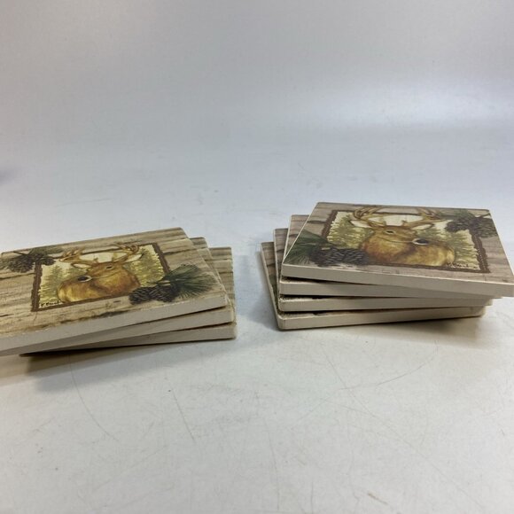 Buck Deer Antlers Coasters Set of 7 Ceramic Wildlife Hunting Lodge Cabin Cork - Picture 4 of 7